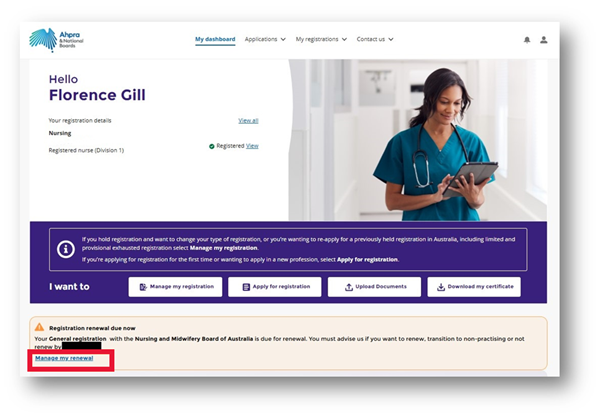 Dashboard to manage and apply for registration