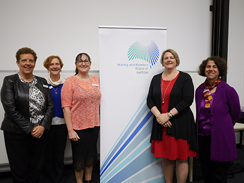 NMBA members Melodie Heland, Dr Lynette Cusack (Chair), Angela Brannelly, Allyson Warrington and Nicoletta Ciffolilli attend an information forum at Queen Elizabeth II Medical Centre, Perth