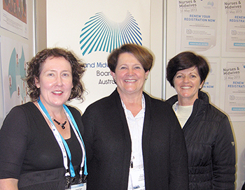 Photo of Board exhibition booth with Sarah Fagan, Jenny Short and Cathy Smith