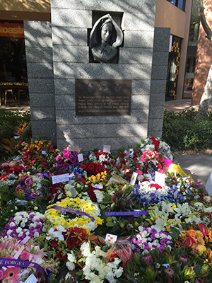 Wreaths in front of the monument at the Nurses Memorial Centre, Melbourne.