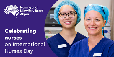 Image of two nurses in scrubs. Text says celebrating nurses on International Nurses Day. 