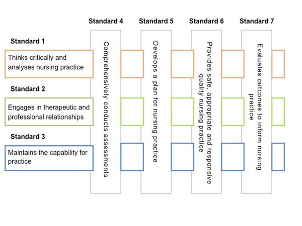 Figure 1 - Registered nurse standards. Standard 1: Thinks critically and analyses nursing practice. Standard 2: Engages in therapeutic and professional relationships. Standard 3: Maintains the capability for practice. Standard 4: Comprehensively conducts assessments. Standard 5: Develops a plan for nursing practice. Standard 6: Provides safe, appropriate and responsive quality nursing practice. Standard 7: Evaluates outcomes to inform nursing practice.